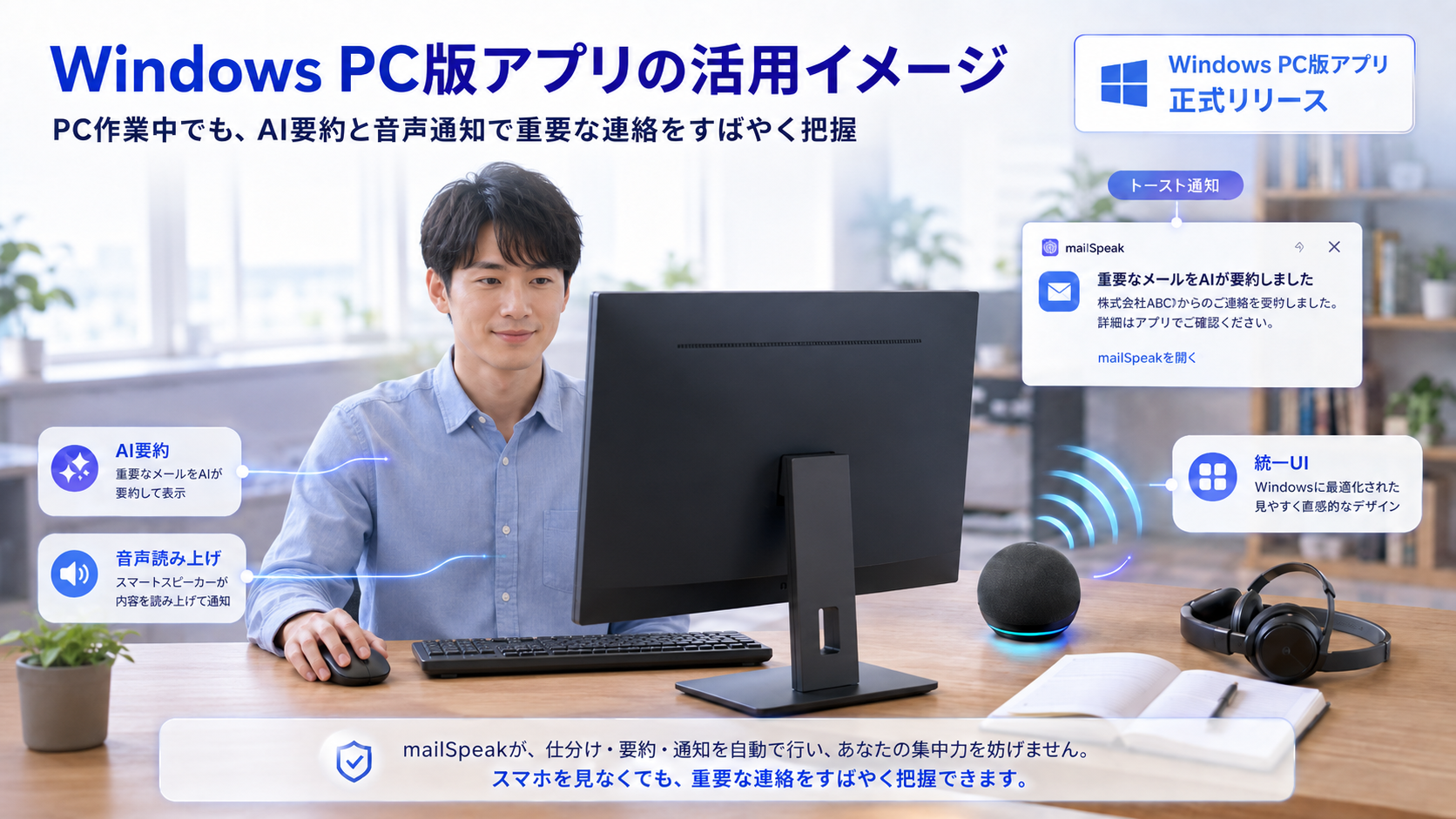 PC作業中にAI要約と音声通知を利用するWindows PC版mailSpeak