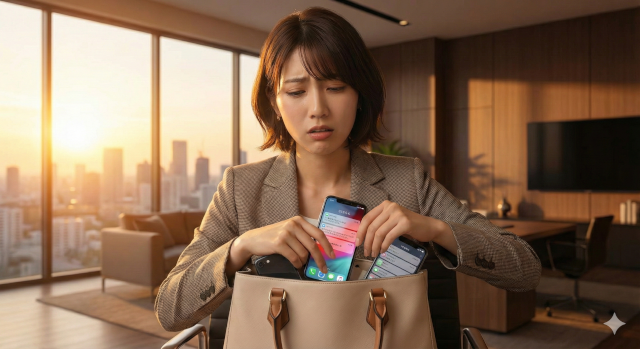 複数のスマホは嫌だな、と思っている女性のイメージ